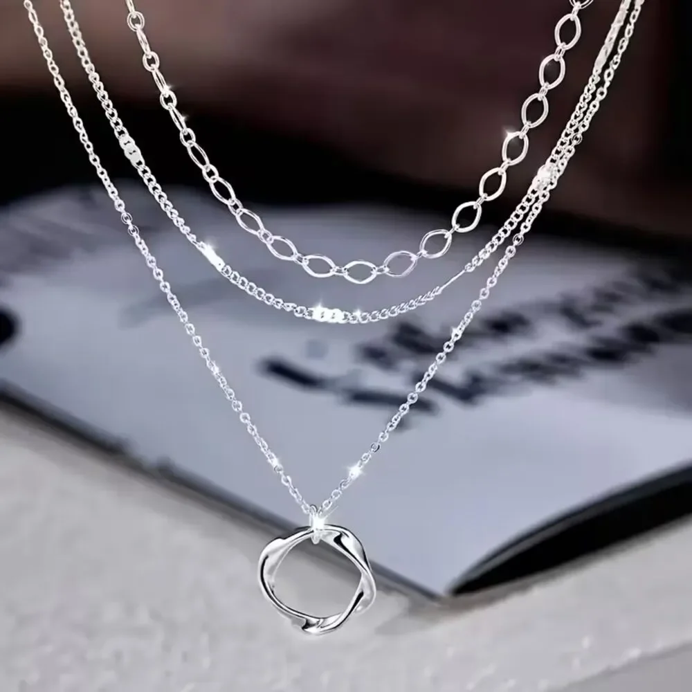 Silver 3-Layer Pendant Necklace Triple Chain Twist Charm Stainless Steel Trendy